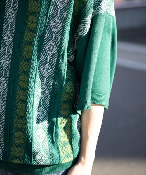 NYLAUS（ナイラス）の「レトロジャガードストライプ ビッグニットポロシャツ（ポロシャツ・メンズ・オフホワイト/ブルー/グリーン・M/L）」の7枚目の写真