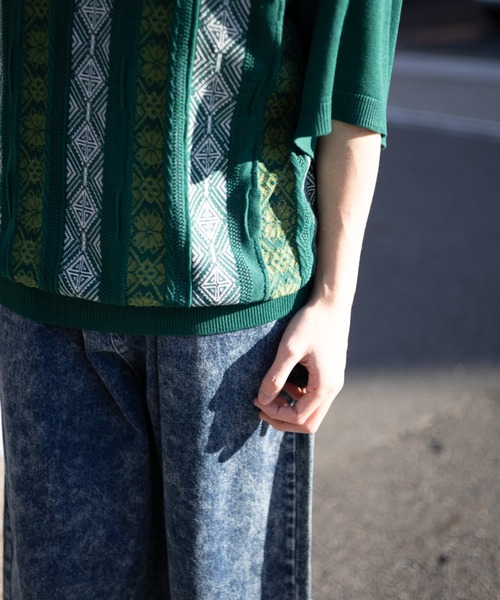 NYLAUS（ナイラス）の「レトロジャガードストライプ ビッグニットポロシャツ（ポロシャツ・メンズ・オフホワイト/ブルー/グリーン・M/L）」の12枚目の写真