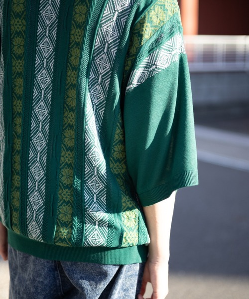 NYLAUS（ナイラス）の「レトロジャガードストライプ ビッグニットポロシャツ（ポロシャツ・メンズ・オフホワイト/ブルー/グリーン・M/L）」の8枚目の写真