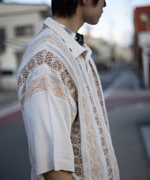 NYLAUS（ナイラス）の「レトロジャガードストライプ ビッグニットポロシャツ（ポロシャツ・メンズ・オフホワイト/ブルー/グリーン・M/L）」の21枚目の写真