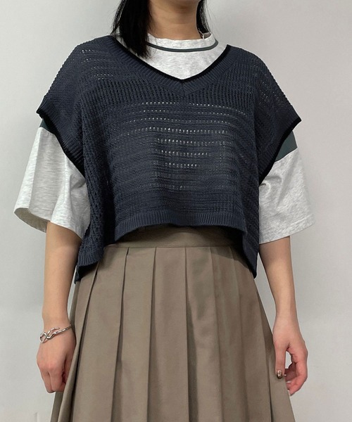 179/WG（イチナナキュウダブルジー）の「透かし編みラインベスト（ベスト・レディース・オフホワイト/ネイビー/ベージュ・FREE）」の3枚目の写真