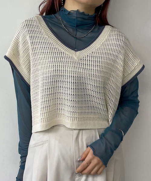 179/WG（イチナナキュウダブルジー）の「透かし編みラインベスト（ベスト・レディース・オフホワイト/ネイビー/ベージュ・FREE）」の2枚目の写真