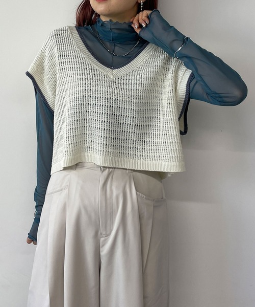 179/WG（イチナナキュウダブルジー）の「透かし編みラインベスト（ベスト・レディース・オフホワイト/ネイビー/ベージュ・FREE）」の15枚目の写真