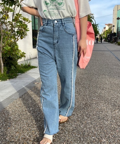 セール】《Delfy》【低身長用サイズあり】フリンジストレートデニム