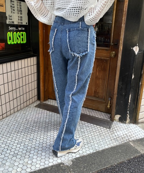 セール】《Delfy》【低身長用サイズあり】フリンジストレートデニム