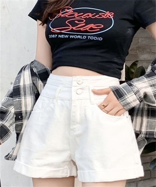 FREE STYLISTS（フリー スタイリスト）の「ロールアップデニムショートパンツ（デニムパンツ・レディース・ホワイト/ブラック/ブルー・L/XL/S/M/2XL）」の7枚目の写真