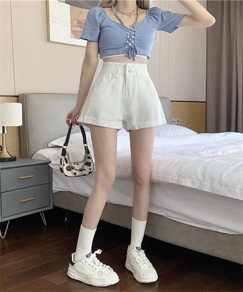FREE STYLISTS（フリー スタイリスト）の「ロールアップデニムショートパンツ（デニムパンツ・レディース・ホワイト/ブラック/ブルー・L/XL/S/M/2XL）」の18枚目の写真