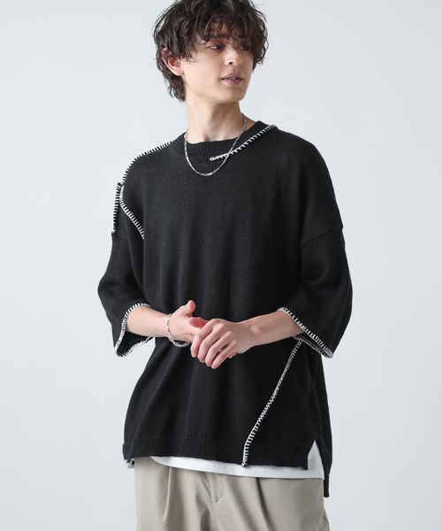 ASTRONOMY（アストロノミー）の「綿麻ハンドステッチクルーネックニット（ニット/セーター・メンズ・ベージュ系/ライトグレー/ブラック・L/M）」の4枚目の写真