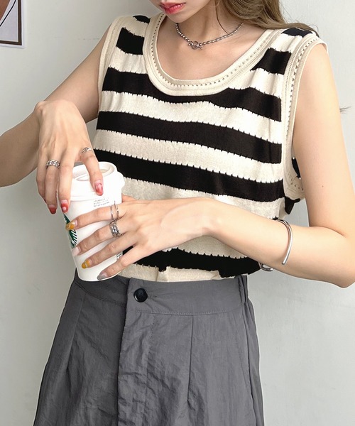 Futier land(フューティアランド)の「ルーズボーダーサマーニット(Tシャツ/カットソー・レディース・ホワイト×ブラック・FREE)」の2枚目の写真