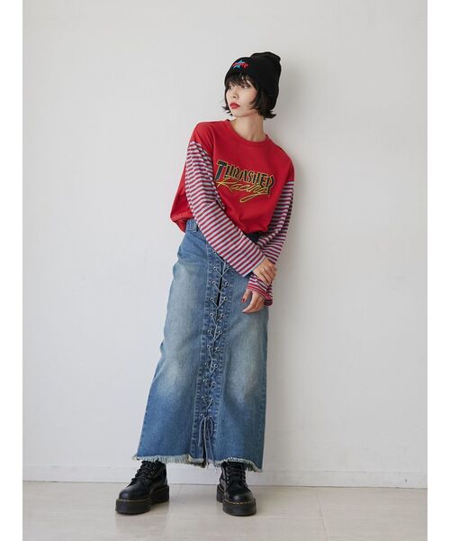 THRASHER(スラッシャー)の「【別注】THRASHER ボーダースリーブロンT(Tシャツ/カットソー・レディース・ブラック/レッド/グリーン・MEDIUM)」の5枚目の写真