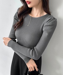品よく大人綺麗めに パフショルダーニット リブニット クルーネック 長袖 トップス パワショル 秋服