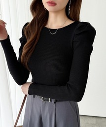 品よく大人綺麗めに パフショルダーニット リブニット クルーネック 長袖 トップス パワショル 秋服