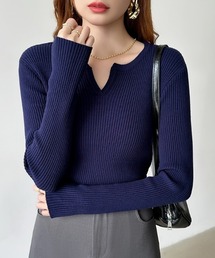 COCOMOMO（ココモモ）の「鎖骨美人魅せ キーネックニット リブニット キーネック 長袖 ニット レイヤードトップス きれいめカジュアル オフィスカジュアル 秋服 冬服（ニット/セーター）」