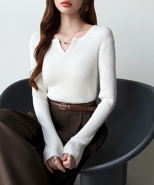 セール】鎖骨美人魅せ キーネックニット リブニット キーネック 長袖