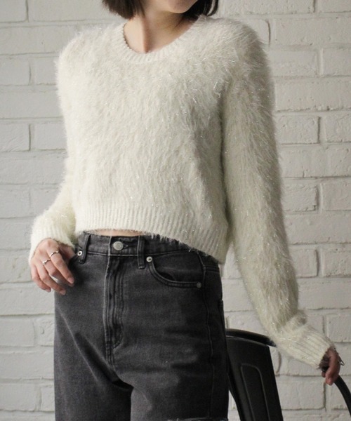 SpRay（スプレイ）の「スパークラメクロップドニット（ニット/セーター・レディース・ボルドー/ブラウン/アイボリー/ブラック/ライトベージュ・FREE）」の2枚目の写真