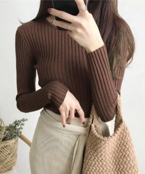 Miniministore(ミニミニストア)の「リブニットトップス レディース 大人秋服(ニット/セーター・レディース・モカ/ベージュ/グリーン/ダークブラウン/ブラック/ライトベージュ/ピンク/グレー・FREE)」の1枚目の写真