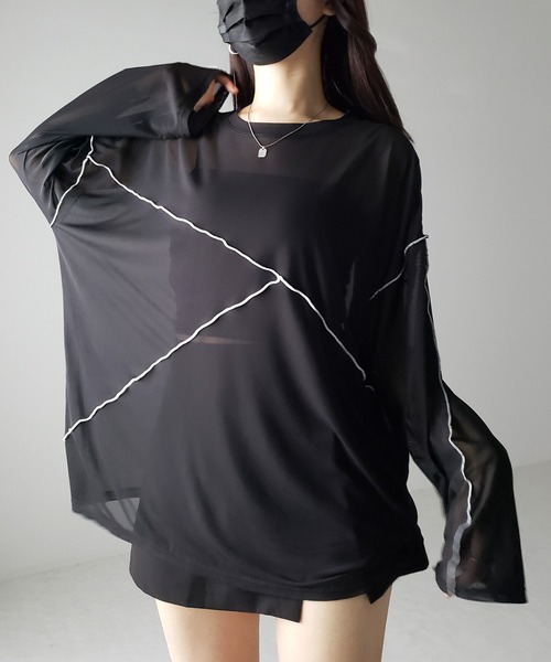 2color 】ビッグシルエットラインステッチシースルートップス（T 
