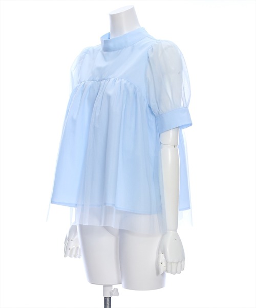 clear（クリア）の「スタンドカラーチュール切替半袖ブラウス[オフィスカジュアル 着回し抜群 大人]≪再入荷≫（シャツ/ブラウス・レディース・サックスブルー/ブラック/オフホワイト・F）」の4枚目の写真