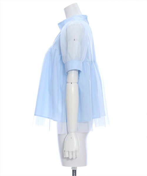 clear（クリア）の「スタンドカラーチュール切替半袖ブラウス[オフィスカジュアル 着回し抜群 大人]≪再入荷≫（シャツ/ブラウス・レディース・サックスブルー/ブラック/オフホワイト・F）」の5枚目の写真