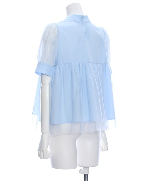clear（クリア）の「スタンドカラーチュール切替半袖ブラウス[オフィスカジュアル 着回し抜群 大人]≪再入荷≫（シャツ/ブラウス・レディース・サックスブルー/ブラック/オフホワイト・F）」の6枚目の写真