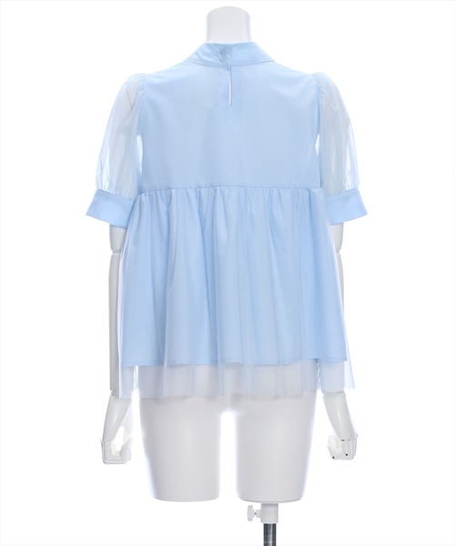 clear（クリア）の「スタンドカラーチュール切替半袖ブラウス[オフィスカジュアル 着回し抜群 大人]≪再入荷≫（シャツ/ブラウス・レディース・サックスブルー/ブラック/オフホワイト・F）」の7枚目の写真