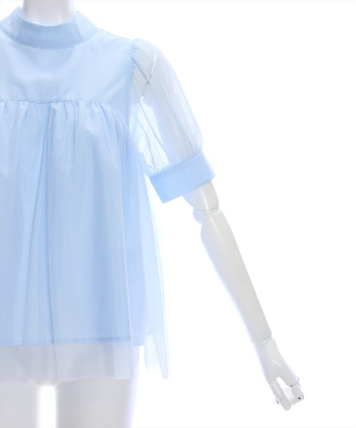 clear（クリア）の「スタンドカラーチュール切替半袖ブラウス[オフィスカジュアル 着回し抜群 大人]≪再入荷≫（シャツ/ブラウス・レディース・サックスブルー/ブラック/オフホワイト・F）」の8枚目の写真