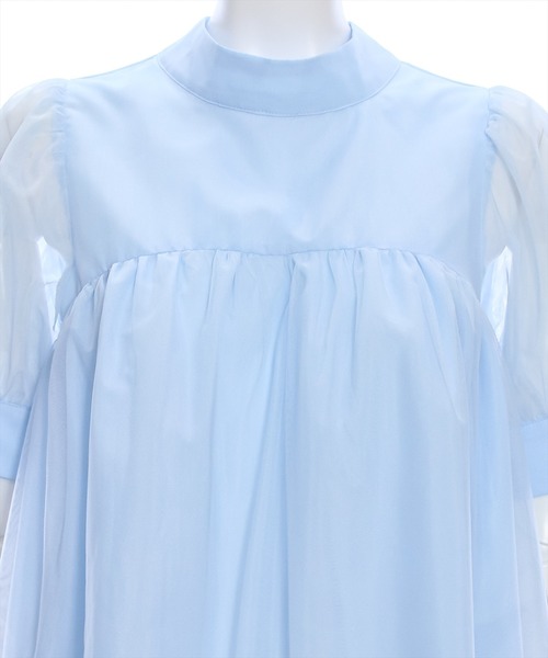 clear（クリア）の「スタンドカラーチュール切替半袖ブラウス[オフィスカジュアル 着回し抜群 大人]≪再入荷≫（シャツ/ブラウス・レディース・サックスブルー/ブラック/オフホワイト・F）」の9枚目の写真