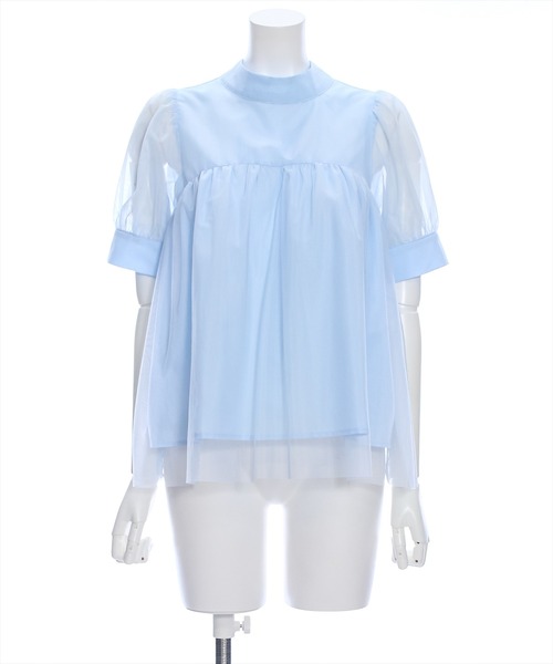 clear（クリア）の「スタンドカラーチュール切替半袖ブラウス[オフィスカジュアル 着回し抜群 大人]≪再入荷≫（シャツ/ブラウス・レディース・サックスブルー/ブラック/オフホワイト・F）」の20枚目の写真