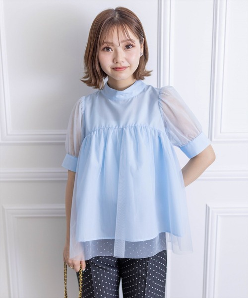 clear（クリア）の「スタンドカラーチュール切替半袖ブラウス[オフィスカジュアル 着回し抜群 大人]≪再入荷≫（シャツ/ブラウス・レディース・サックスブルー/ブラック/オフホワイト・F）」の18枚目の写真