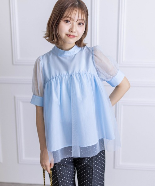 clear（クリア）の「スタンドカラーチュール切替半袖ブラウス[オフィスカジュアル 着回し抜群 大人]≪再入荷≫（シャツ/ブラウス・レディース・サックスブルー/ブラック/オフホワイト・F）」の17枚目の写真