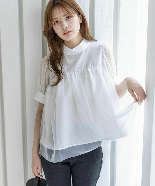 clear（クリア）の「スタンドカラーチュール切替半袖ブラウス[オフィスカジュアル 着回し抜群 大人]≪再入荷≫（シャツ/ブラウス・レディース・サックスブルー/ブラック/オフホワイト・F）」の12枚目の写真