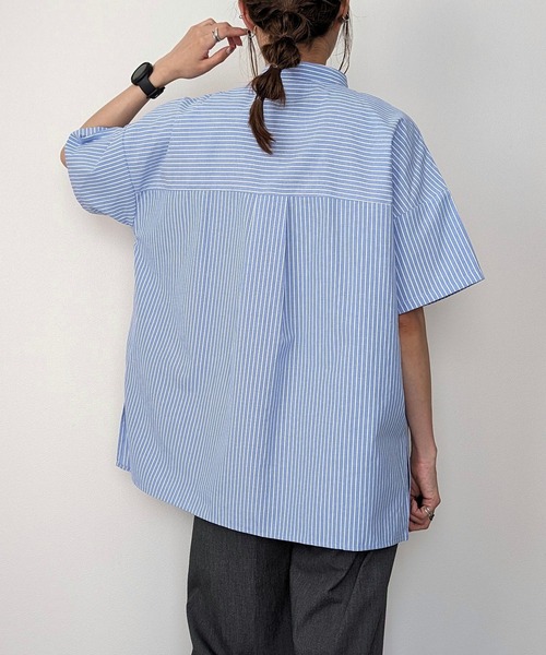 【セール30％OFF】袖シアーゴース付きストライプバンドカラーシャツブラウス・93206・売れ筋商品|||シビリゼ（イグルス） セール】半袖バンドカラーストライプオーバーシャツ（シャツ