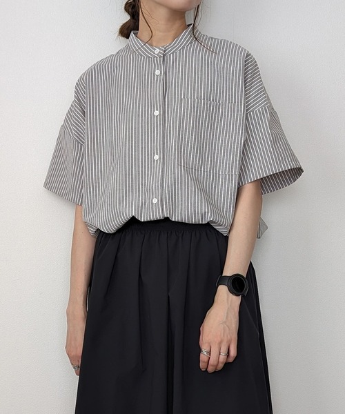 junoah（ジュノア）の「半袖バンドカラーストライプオーバーシャツ（シャツ/ブラウス・レディース・グレー/ブルー/ピンク/レッド・X-LARGE/LARGE/MEDIUM/SMALL）」の11枚目の写真
