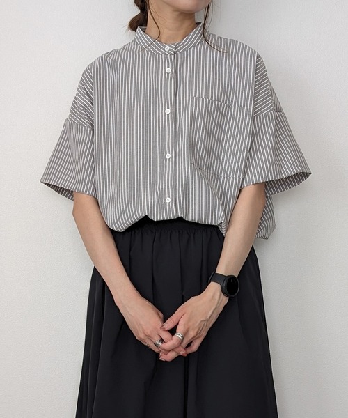 junoah（ジュノア）の「半袖バンドカラーストライプオーバーシャツ（シャツ/ブラウス・レディース・グレー/ブルー/ピンク/レッド・X-LARGE/LARGE/MEDIUM/SMALL）」の12枚目の写真