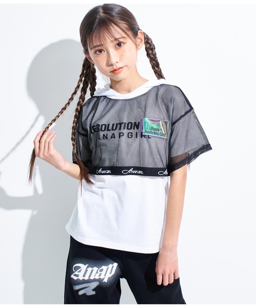 ANAP GiRL(アナップガール)の「メッシュフェイクレイヤードフーディ(Tシャツ/カットソー・キッズ・ブラック/ホワイト・M/XS/S)」の2枚目の写真