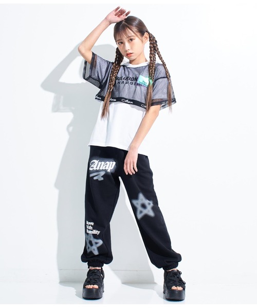 ANAP GiRL(アナップガール)の「メッシュフェイクレイヤードフーディ(Tシャツ/カットソー・キッズ・ブラック/ホワイト・M/XS/S)」の13枚目の写真