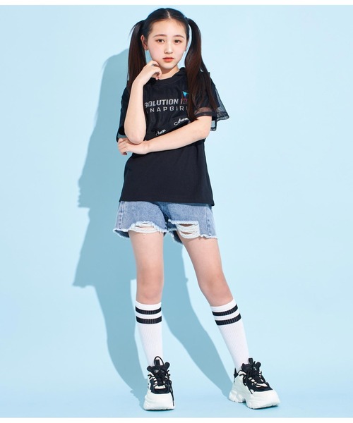 ANAP GiRL(アナップガール)の「メッシュフェイクレイヤードフーディ(Tシャツ/カットソー・キッズ・ブラック/ホワイト・M/XS/S)」の18枚目の写真