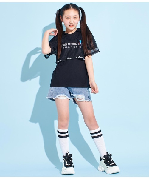 ANAP GiRL(アナップガール)の「メッシュフェイクレイヤードフーディ(Tシャツ/カットソー・キッズ・ブラック/ホワイト・M/XS/S)」の7枚目の写真