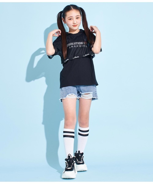 ANAP GiRL(アナップガール)の「メッシュフェイクレイヤードフーディ(Tシャツ/カットソー・キッズ・ブラック/ホワイト・M/XS/S)」の8枚目の写真