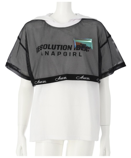 ANAP GiRL(アナップガール)の「メッシュフェイクレイヤードフーディ(Tシャツ/カットソー・キッズ・ブラック/ホワイト・M/XS/S)」の10枚目の写真