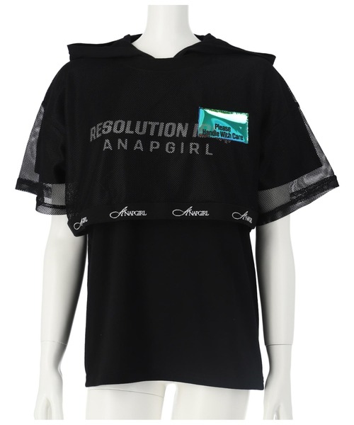 ANAP GiRL(アナップガール)の「メッシュフェイクレイヤードフーディ(Tシャツ/カットソー・キッズ・ブラック/ホワイト・M/XS/S)」の11枚目の写真