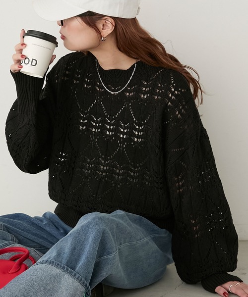 BONLECILL（ボンルシール）の「ハートレース風クロシェニットプルオーバー（ニット/セーター・レディース・アイボリー/ブラック/杢グレー・FREE）」の2枚目の写真
