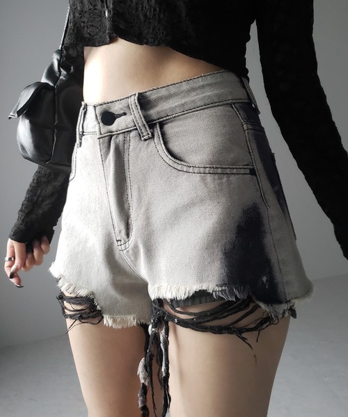 3size 】クラッシュダメージブリーチデニムショートパンツ