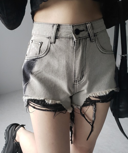 3size 】クラッシュダメージブリーチデニムショートパンツ