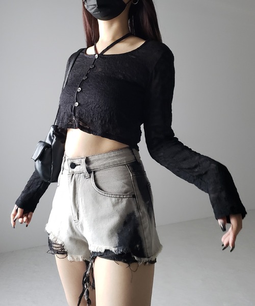 me+em select(ミームセレクト)の「【 3size 】クラッシュダメージブリーチデニムショートパンツ / crush damaged bleach denim short pants(デニムパンツ・レディース・ブラック・MEDIUM/SMALL/LARGE)」の15枚目の写真