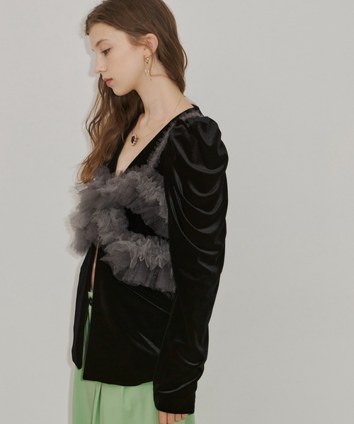 クラシカルベロアパフスリーブジャケット（ノーカラージャケット