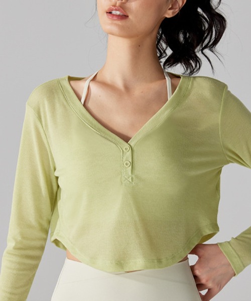 レディース 長袖シアークロップド丈Vネックヨガトップス ピラティス