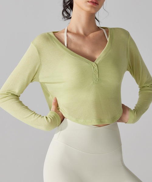 セール】レディース 長袖シアークロップド丈Vネックヨガトップス