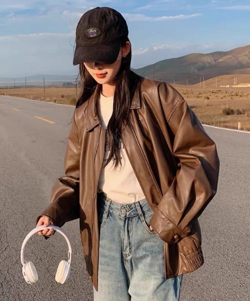 セール】ヴィンテージライク オーバーサイズ PUレザージャケット