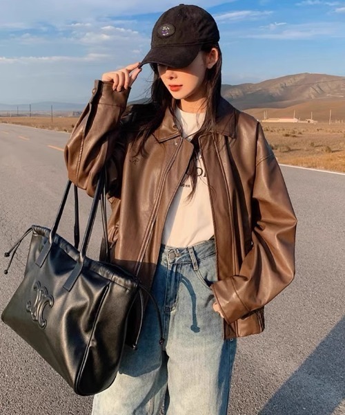 セール】ヴィンテージライク オーバーサイズ PUレザージャケット